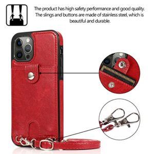 Jaorty PU Leather Wallet Case for iPhone 13 Pro Max Removable Adjustable Crossbody Necklace Lanyard Shoulder Strap Case Cover with Card Holder,Detachable Anti-Lost Neck Strap Case 6.7",Red