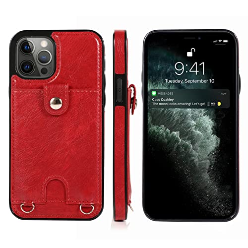 Jaorty PU Leather Wallet Case for iPhone 13 Pro Max Removable Adjustable Crossbody Necklace Lanyard Shoulder Strap Case Cover with Card Holder,Detachable Anti-Lost Neck Strap Case 6.7",Red