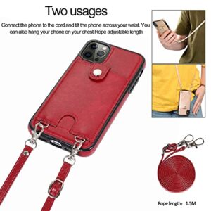 Jaorty PU Leather Wallet Case for iPhone 13 Pro Max Removable Adjustable Crossbody Necklace Lanyard Shoulder Strap Case Cover with Card Holder,Detachable Anti-Lost Neck Strap Case 6.7",Red