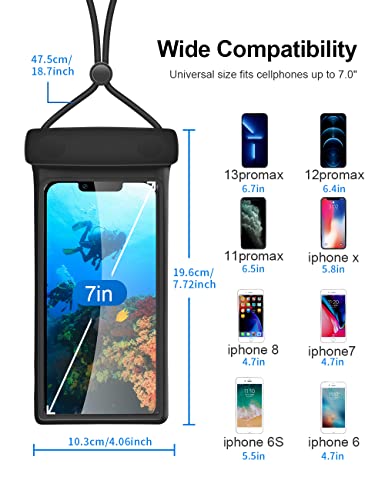 Wellhouse Universal Waterproof Phone Pouch, Waterproof Phone Case Compatible for iPhone 14 13 12 11Pro Max XS Plus Samsung Galaxy S22 Cellphone Up to 7.0", IPX8 3D Cellphone Dry Bag for Vacation-Black