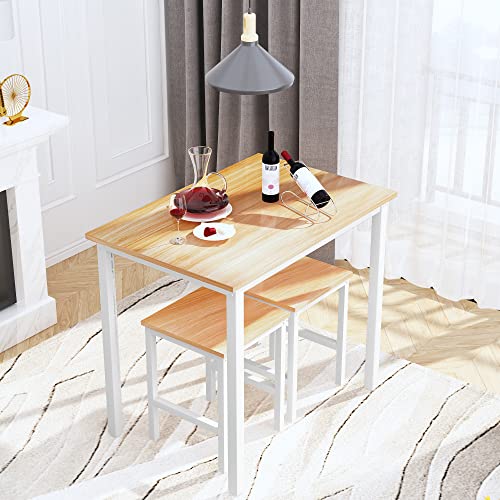 Lamerge Small Kitchen Table Set for 2, Industrial Dining Breakfast Table and 2 Stools, 3 Pieces Dining Table Set for Dining Room, Living Room, Apartment, Small Space (Beige)