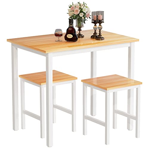 Lamerge Small Kitchen Table Set for 2, Industrial Dining Breakfast Table and 2 Stools, 3 Pieces Dining Table Set for Dining Room, Living Room, Apartment, Small Space (Beige)