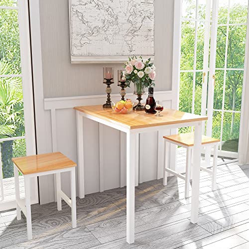 Lamerge Small Kitchen Table Set for 2, Industrial Dining Breakfast Table and 2 Stools, 3 Pieces Dining Table Set for Dining Room, Living Room, Apartment, Small Space (Beige)