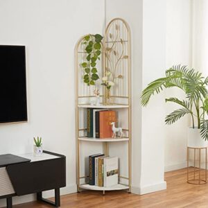 golason gold corner shelf with storage, 3-tier tall corner bookshelf, distinctive plant stand flower rack, free standing display shelving unit for living room kitchen balcony (gold and white)