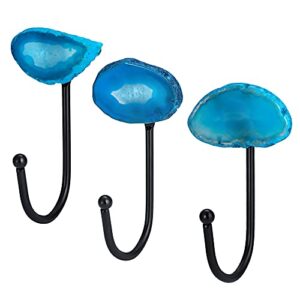 agate wall hooks for hanging, decorative wall hook, coat hooks wall mounted hat hooks for wall, key hooks heavy duty j hooks for purse bag towel (blue 3 pack)