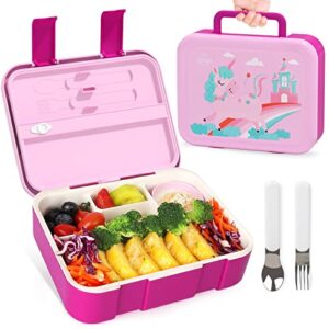 lehoo castle bento lunch box for kids with 5 compartments,1250ml lunch containers with sauce jar, spoon&fork, durable, leak proof, bpa-free and food-safe materials (pink)