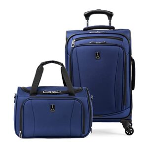 travelpro runway 2-piece luggage set, carry on softside expandable 4-wheel spinner suitcase & carry on underseat luggage soft tote bag, men and women, blue