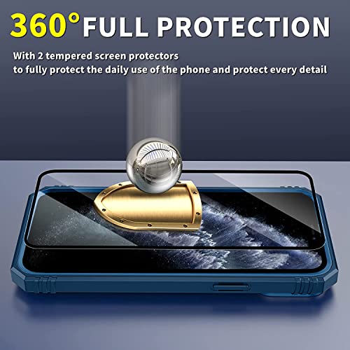 Pompvla for iPhone 11 Pro Case with 2Tempered Glass Screen Protectors,Bulit-in Magnetic Kickstand Ring & Camera Cover Shockproof Military Grade Drop Heavy Duty Protection Men5.8 inch[Not for iP11]Blue