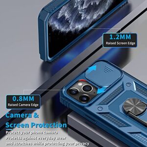 Pompvla for iPhone 11 Pro Case with 2Tempered Glass Screen Protectors,Bulit-in Magnetic Kickstand Ring & Camera Cover Shockproof Military Grade Drop Heavy Duty Protection Men5.8 inch[Not for iP11]Blue