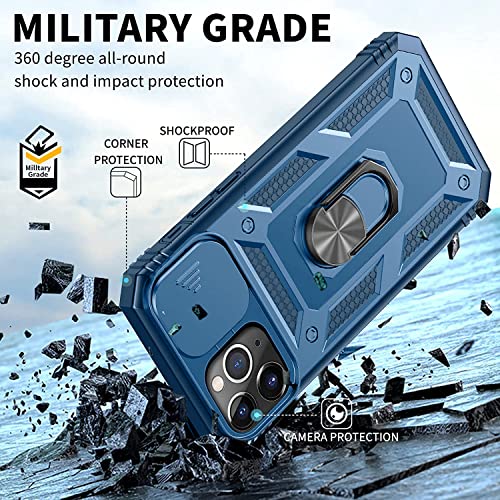 Pompvla for iPhone 11 Pro Case with 2Tempered Glass Screen Protectors,Bulit-in Magnetic Kickstand Ring & Camera Cover Shockproof Military Grade Drop Heavy Duty Protection Men5.8 inch[Not for iP11]Blue