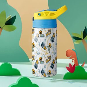 Construction Vehicles Pattern Water Bottle Stainless Steel Water Cup Coffee Mug with Straw for Home Sports Travel Blue-Style