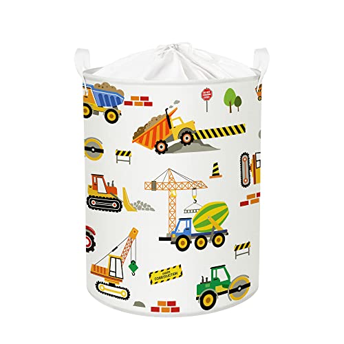 Clastyle 45L Cartoon Construction Vehicles Waterproof Laundry Hamper Collapsible Excavators Truck Laundry Basket with Drawstring for Nursery, 14.2 * 17.7 in