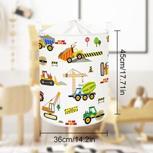 Clastyle 45L Cartoon Construction Vehicles Waterproof Laundry Hamper Collapsible Excavators Truck Laundry Basket with Drawstring for Nursery, 14.2 * 17.7 in