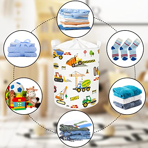 Clastyle 45L Cartoon Construction Vehicles Waterproof Laundry Hamper Collapsible Excavators Truck Laundry Basket with Drawstring for Nursery, 14.2 * 17.7 in