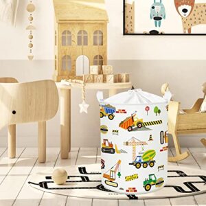 Clastyle 45L Cartoon Construction Vehicles Waterproof Laundry Hamper Collapsible Excavators Truck Laundry Basket with Drawstring for Nursery, 14.2 * 17.7 in