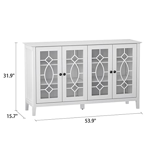 AGOTENI Buffet Cabinet with Glass Door, 53.9 Inch Credenza Sideboard Buffet for Living Room, Coffee Bar Cabinet with Adjustable Shelves for Living Room, Dining Room, Home Furniture (White