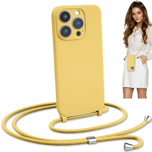 blaspins Crossbody Lanyard Strap Case for iPhone 14 Pro, Neck Cross Body, Adjustable Holder Removable, Drop Protection Shockproof, Hands-Free Silicone Case 6.1 inch, 150 cm Strap, iP14Pro - Yellow