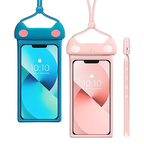 2 Pack Lovely Waterproof Phone Pouch with Lanyard Cell Phone IP8X Diving Outdoor Beach Underwater Up to 7.0" Universal Phone Case Dry Bag 3D Seamless HD TPU Dustproof Touch for iPhone Meow Pink Blue