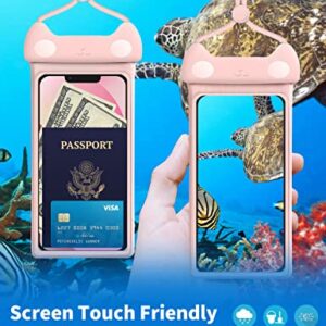 2 Pack Lovely Waterproof Phone Pouch with Lanyard Cell Phone IP8X Diving Outdoor Beach Underwater Up to 7.0" Universal Phone Case Dry Bag 3D Seamless HD TPU Dustproof Touch for iPhone Meow Pink Blue