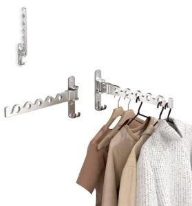 dr.dj wall hanger for clothes, coat hanger wall mounted silver retractable clothes drying organizer rack garment hooks aluminium folding indoor wall wall hanger space save (2 racks)