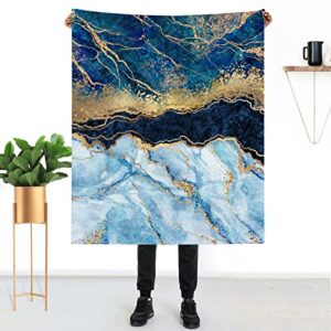 Abstract Marble Blanket 60" x 80" Blue and White Gold Luxury Granite Super Soft Bedding Fleece Throw Blanket Microfiber Flannel Blankets Bedroom Living Room Warm Lightweight for Kids Adults