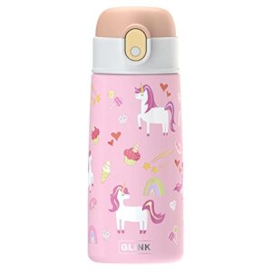 glink kids insulated water bottle with straw for school, cute stainless steel with auto flip lid water bottle for kids, children, boys, girls (14oz, unicorn-pink)