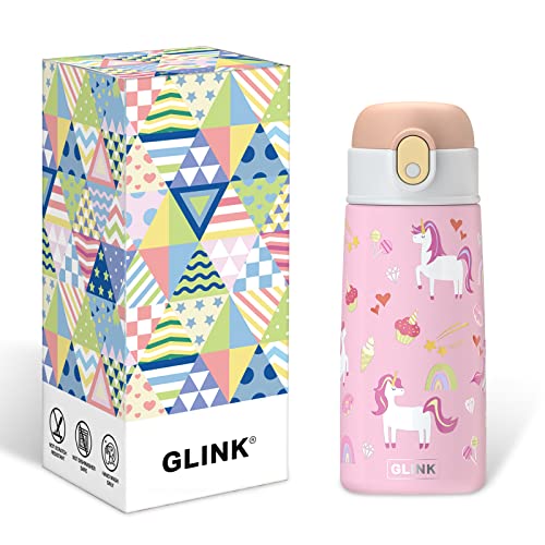 GLINK Kids Insulated Water Bottle with Straw for School, Cute Stainless Steel with Auto Flip Lid Water Bottle for Kids, Children, Boys, Girls (14oz, Unicorn-Pink)