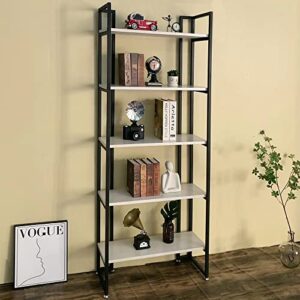 rogmars real wood bookcase 30 inch,5 tier industrial white bookshelf, metal solid wood farmhouse shelving open bookcase display free standing storage bookshelf 72'' h x 30'' w x 11''d
