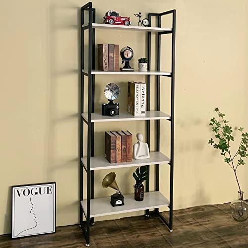 ROGMARS Real Wood Bookcase 30 inch,5 Tier Industrial White Bookshelf, Metal Solid Wood Farmhouse Shelving Open Bookcase Display Free Standing Storage Bookshelf 72'' H x 30'' W x 11''D