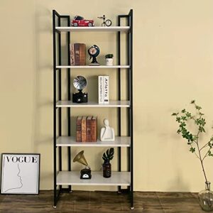 ROGMARS Real Wood Bookcase 30 inch,5 Tier Industrial White Bookshelf, Metal Solid Wood Farmhouse Shelving Open Bookcase Display Free Standing Storage Bookshelf 72'' H x 30'' W x 11''D