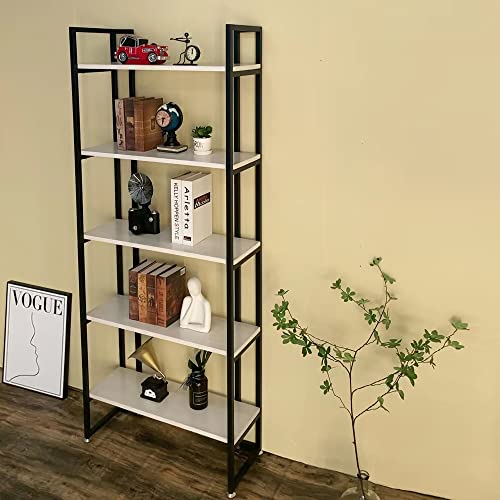 ROGMARS Real Wood Bookcase 30 inch,5 Tier Industrial White Bookshelf, Metal Solid Wood Farmhouse Shelving Open Bookcase Display Free Standing Storage Bookshelf 72'' H x 30'' W x 11''D