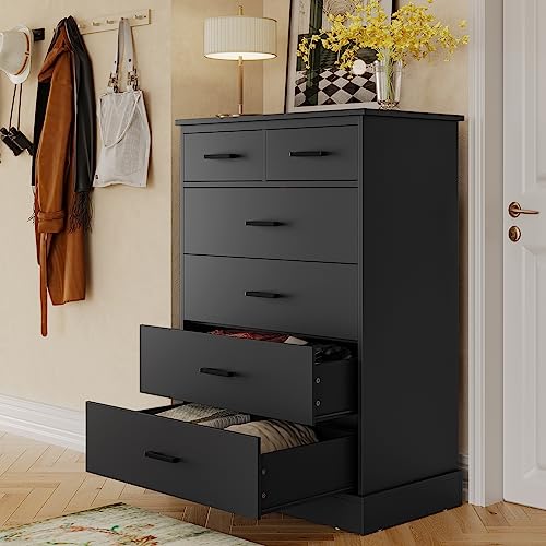 Hasuit 6 Drawer Dresser, Wood Storage Tower Clothes Organizer, Tall Chest of 6 Drawers, Large Storage Cabinet, Black Dresser for Bedroom, Hallway, Entryway