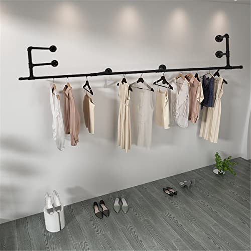 Industrial Pipe Wall Mounted Garment Rack,Hanging Clothes Rack,84.6 Inch Heavy Duty Detachable Garment Bar,Multi-Purpose Hanging Rod for Closet Laundry Room Storage Organization Retail Display Black