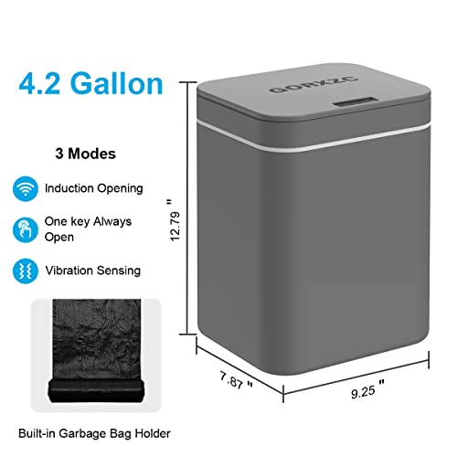 Touchless Trash Can with Motion Sensor with Lid, 4.2 Gallon Waste Bin Intelligent Induction Waterproof Trash Can, Household Kitchen Bathroom Office Smart Garbage Bin (Grey)