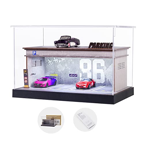 SIKIVOT 1/64 Scale Hot Wheels Display Case ，Parking Lot Model Car，Die-cast Car Garage Display Case， Hot Wheels Parking Garag，8 Parking Space with LED Light and Acrylic Cover (7641Number 86)