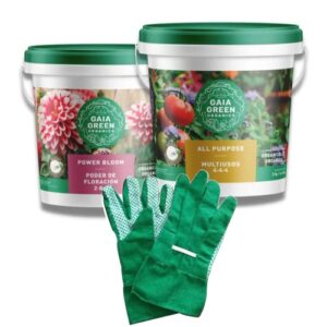 gaia green bundle 2-8-4 power bloom and 4-4-4 all purpose organic fertilizer plant nutrients (2kg tubs) and a pair of tossi gardening gloves