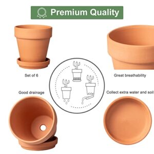 4 Inch Terracotta Pots with Saucer - 6 Pack Small Clay Plant Pots with Drainage Holes, Flower Pots with Tray, Terra Cotta Pots for Indoor Outdoor Plants, Crafts, Wedding Favor