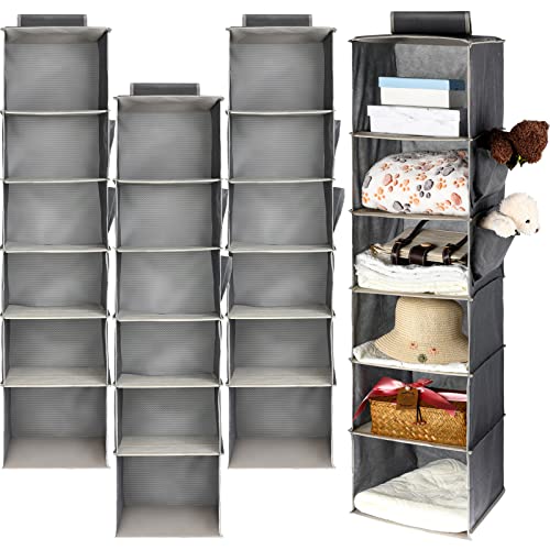 Shappy 4 Pack Hanging Closet Organizers and Storage, 6 Shelf Wide Dorm Closet Sweater Clothes Hat Baseball Cap Organizer Hanging Storage Shelves Collapsible Closet Clothes Organizer (Grey)