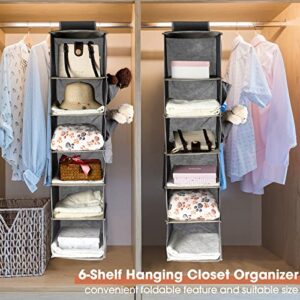 Shappy 4 Pack Hanging Closet Organizers and Storage, 6 Shelf Wide Dorm Closet Sweater Clothes Hat Baseball Cap Organizer Hanging Storage Shelves Collapsible Closet Clothes Organizer (Grey)