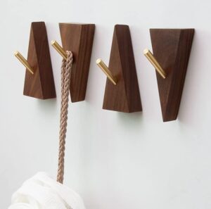 wall coat hook rack - set of 4 – natural walnut wood and solid brass hook for hanging coats - wall mounted hat hooks – nordic style decorative wall hooks - hat hangers for wall