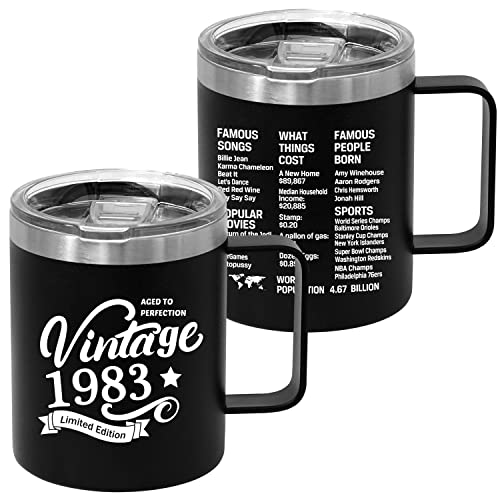 Vintage 1983 Stainless Steel Insulated Coffee Mug with Handle, 40th Birthday Stainless Steel Travel Coffee Cup with Lid Gifts for Women Men, 40th Birthday Spill Proof Reusable Thermos Coffee Mug 12oz