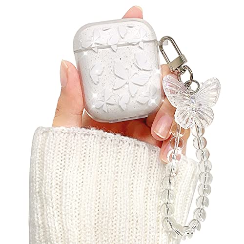 Lovmooful Compatible with AirPods Case Cute Clear Glitter Butterfly Pattern with Lovely Pearl Chain Design for Women Girls Soft TPU Shockproof Protective Cover Case for Airpods 2&1- Butterfly