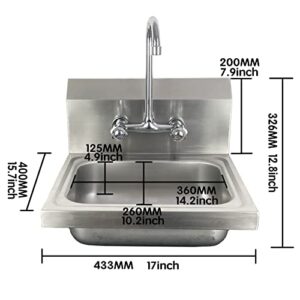 ERUPTA 304# Stainless steel basin Commercial Wall Mount Hand Sink 17'' x 15'' for Public places, restaurants, schools, kitchens and homes