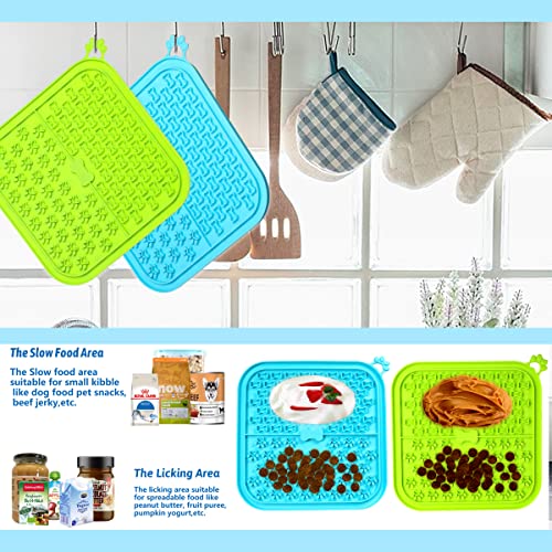 Lick Mat for Dogs 2 Pack Non-Slip Slow Feeders Licking Mat with Suction Cups for Anxiety Relief Include One Spatula for Scooping Out Dog Treat&Cat Food (Blue&Green)