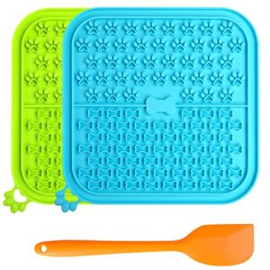 lick mat for dogs 2 pack non-slip slow feeders licking mat with suction cups for anxiety relief include one spatula for scooping out dog treat&cat food (blue&green)