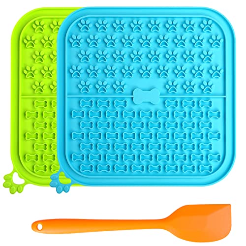 Lick Mat for Dogs 2 Pack Non-Slip Slow Feeders Licking Mat with Suction Cups for Anxiety Relief Include One Spatula for Scooping Out Dog Treat&Cat Food (Blue&Green)