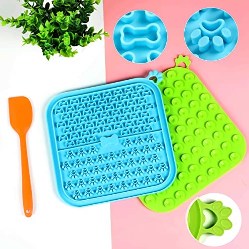 Lick Mat for Dogs 2 Pack Non-Slip Slow Feeders Licking Mat with Suction Cups for Anxiety Relief Include One Spatula for Scooping Out Dog Treat&Cat Food (Blue&Green)