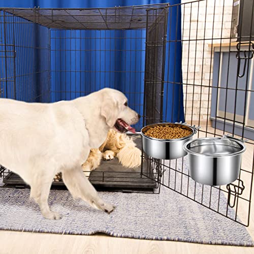 Yummy Sam 2 Pcs Large Pet Dog Food Water Bowl for Cage Stainless Steel Non-Spill Kennel Hanging Cats Bowls with Clamp Holder Crate Feeder Dish for Medium Large Dogs Huge Pets (7.1x3.5'' & 6.3x2.6'')