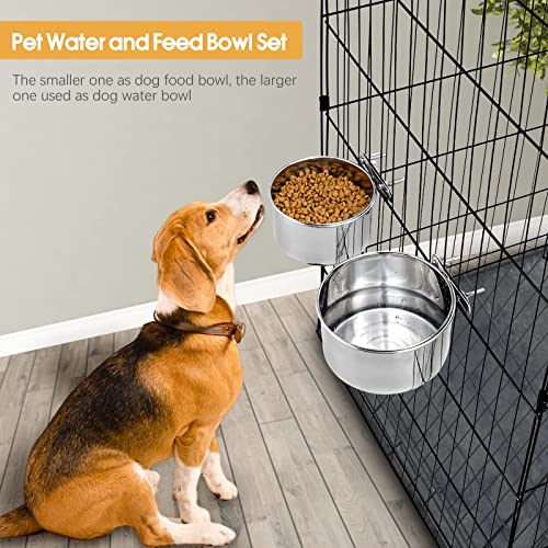 Yummy Sam 2 Pcs Large Pet Dog Food Water Bowl for Cage Stainless Steel Non-Spill Kennel Hanging Cats Bowls with Clamp Holder Crate Feeder Dish for Medium Large Dogs Huge Pets (7.1x3.5'' & 6.3x2.6'')