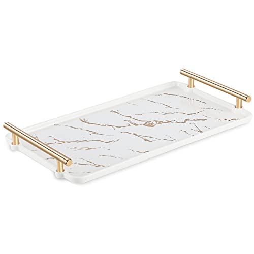 Ottoman Coffee Table Serving Tray, Large White Ceramic Decorative Trays for Coffee Table, Entryway Table, Console Table, Kitchen Island, Organizer Vanity Tray for Jewelry & Perfume (Gold Foiling)